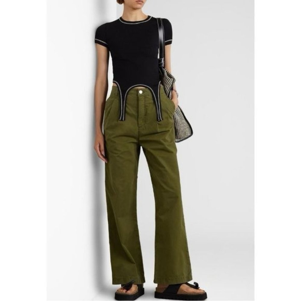 FRAME Pleated cotton-twill wide-leg pantsin Army Green Size 29